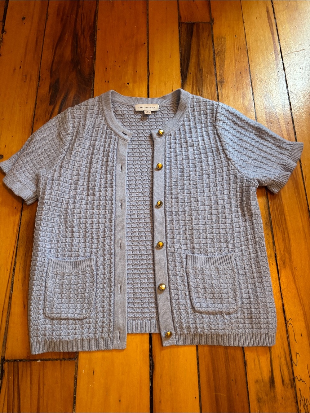 Short-Sleeve Textured Cardigan Sweater in Light Blue